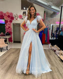 Light Blue Sparkly Tulle Prom Dresses with Slit V-Neck Feather Formal Gown 21984-Prom Dresses-vigocouture-Light Blue-US2-vigocouture