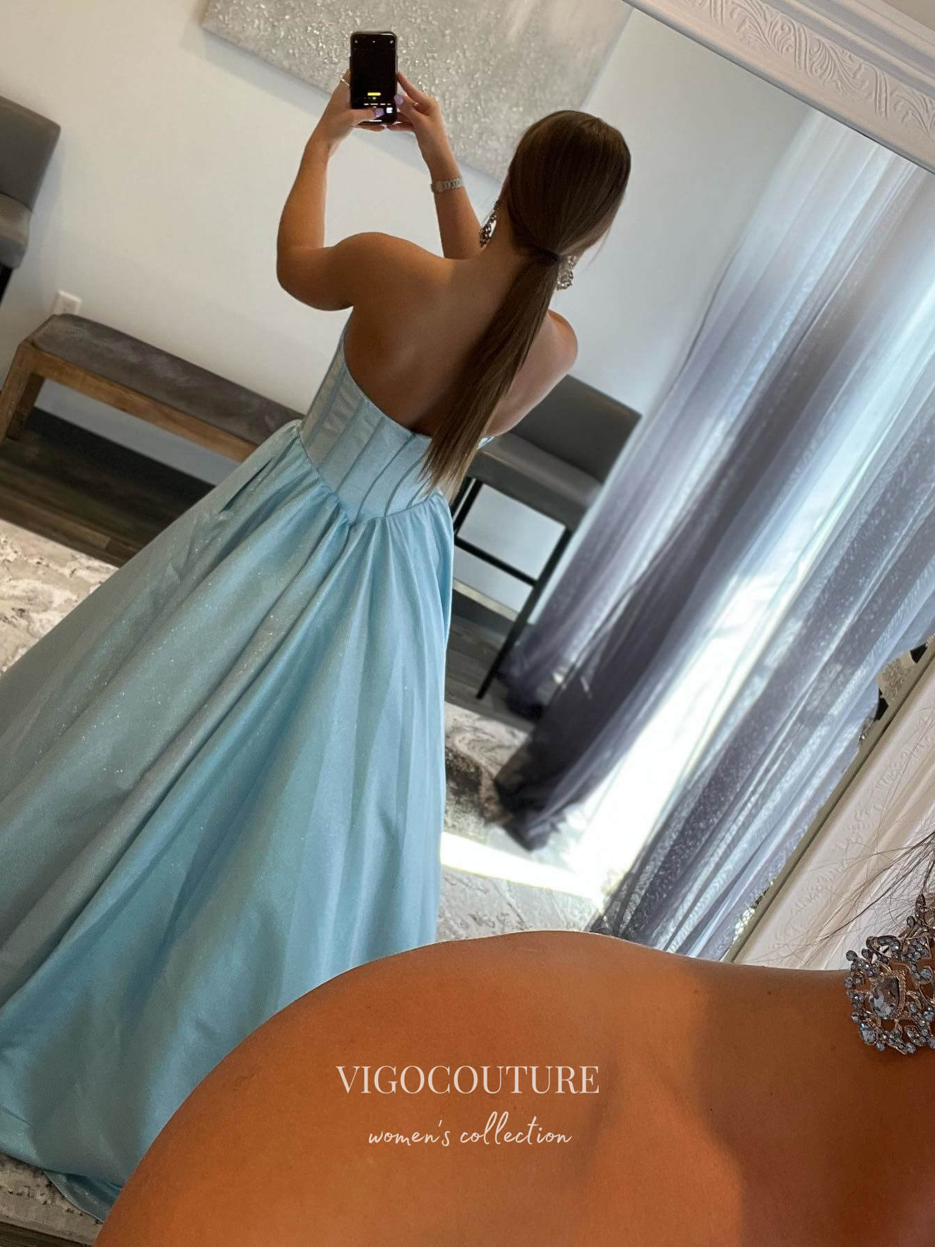 vigocouture-Light Blue Sweetheart Neck Prom Dresses With Pockets Sparkly Satin Evening Dresses 21567-Prom Dresses-vigocouture-