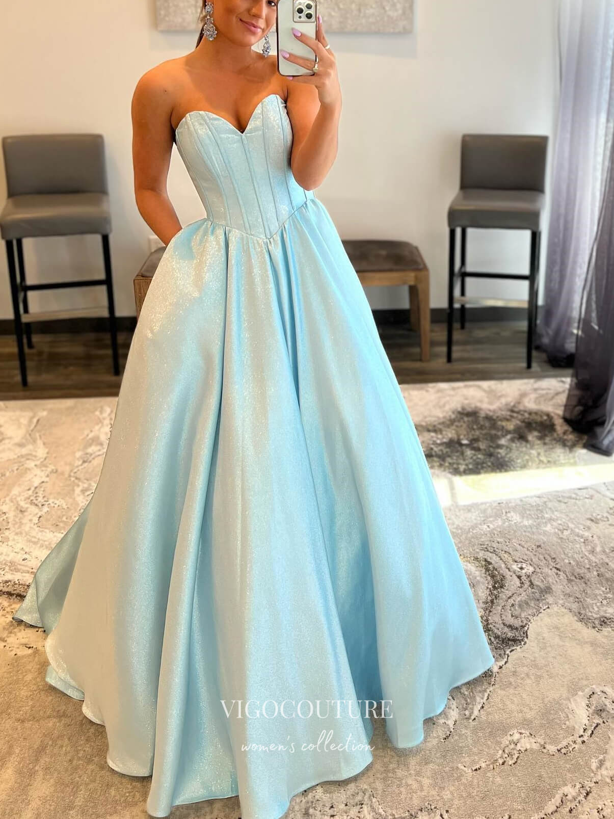 vigocouture-Light Blue Sweetheart Neck Prom Dresses With Pockets Sparkly Satin Evening Dresses 21567-Prom Dresses-vigocouture-