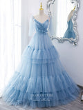 vigocouture-Light Blue Tiered Prom Dress 2022 Spaghetti Strap Party Dress 21504-Prom Dresses-vigocouture-Light Blue-US2-