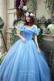 Light Blue Tulle Prom Dresses Off the Shoulder Butterfly Formal Gown 21815