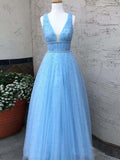 vigocouture-Light Blue Beaded Plunging V-Neck Prom Dress 20377-Prom Dresses-vigocouture-