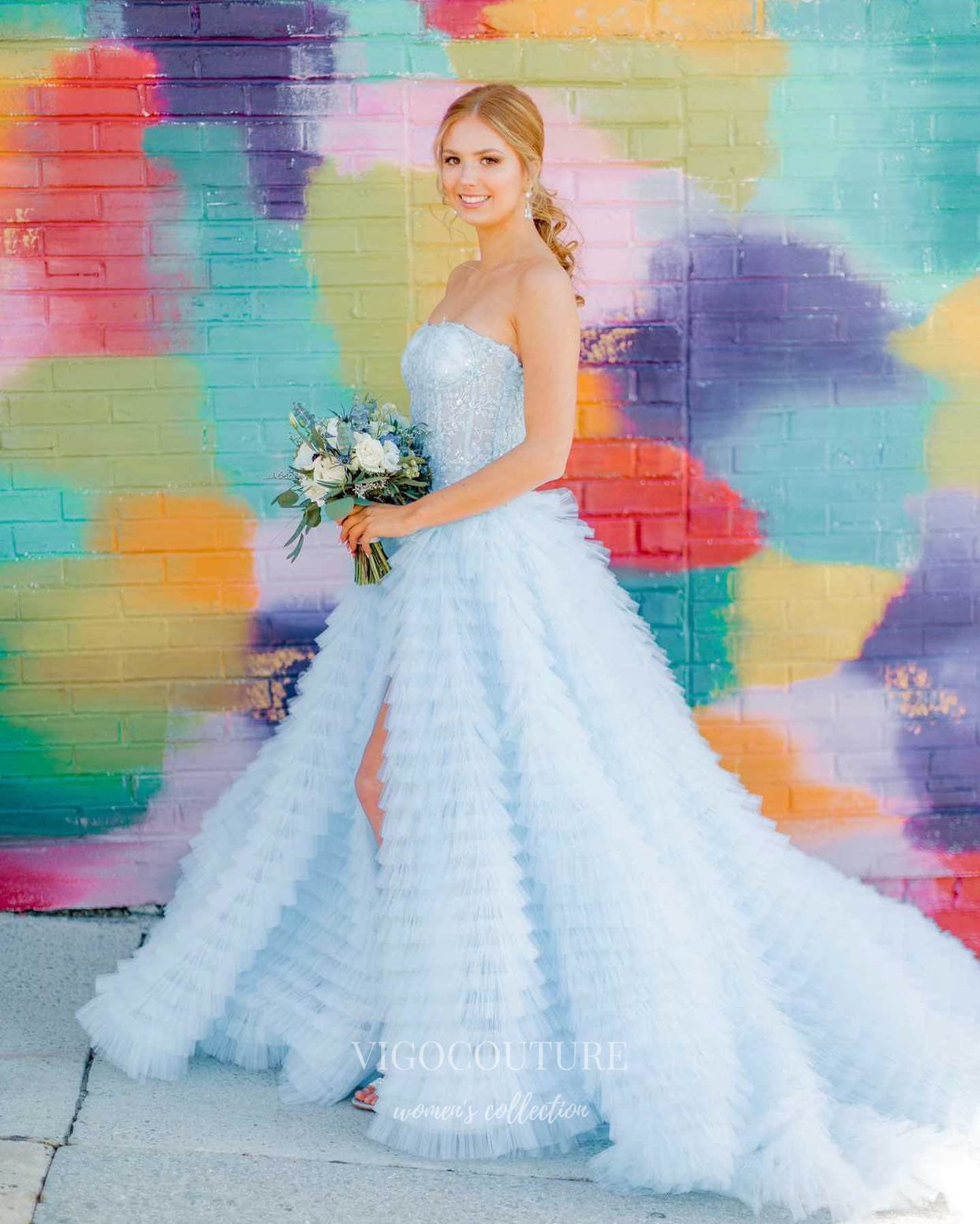 Light Blue Tulle Prom Dresses with Slit Ruffled Spaghetti Strap Formal Gown 21878-Prom Dresses-vigocouture-Light Blue-US2-vigocouture