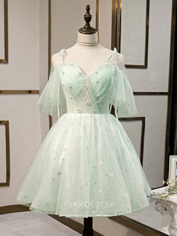 vigocouture-Light Green 3D Flower Homecoming Dresses Spaghetti Strap Dama Dresses hc090-Prom Dresses-vigocouture-