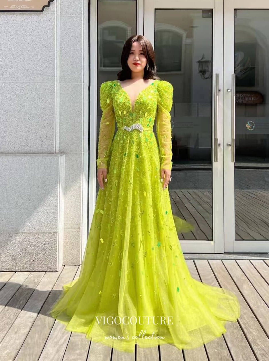 Light Green Beaded Prom Dress with Long Puffed Sleeve and Plunging V-Neck 22236-Prom Dresses-vigocouture-Light Green-US2-vigocouture
