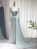 Light Green Beaded Prom Dresses Long Sleeve Overskirt Mother of the Bride Dresses 22151