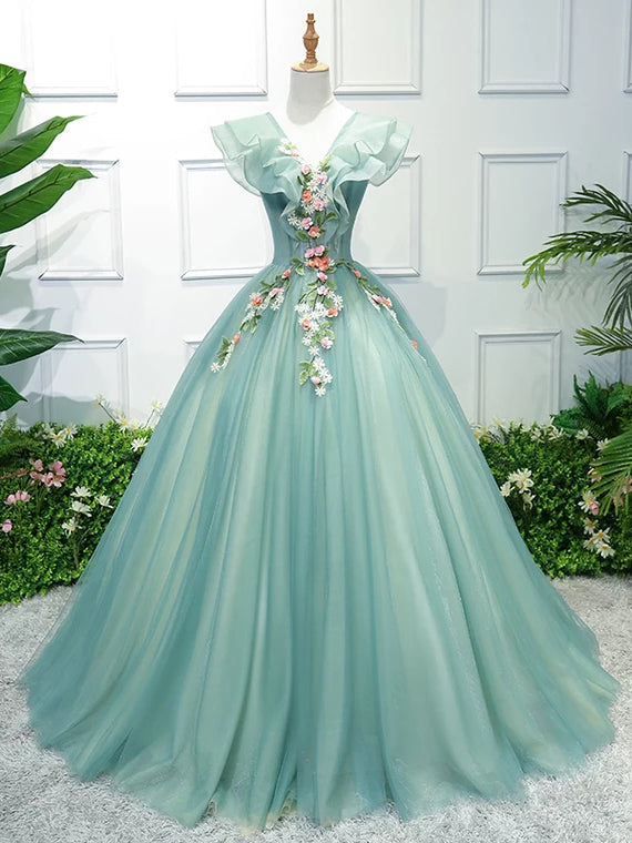 Mint Green Floral Lace Handmade Flowers Quinceanera Dresses lace