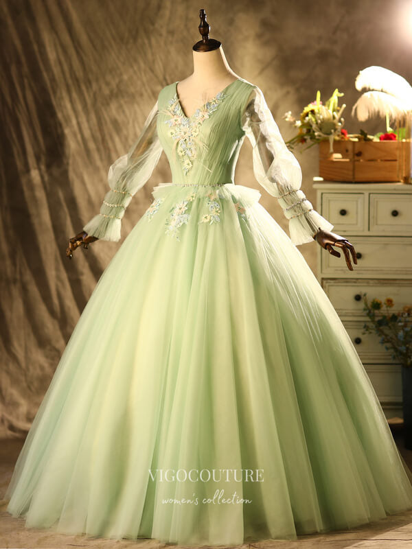 vigocouture-Light Green Lace Applique Quinceanera Dresses Long Sleeve Sweet 16 Dresses 21396-Prom Dresses-vigocouture-