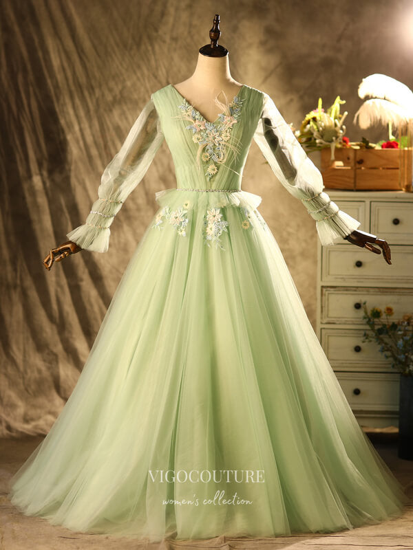 vigocouture-Light Green Lace Applique Quinceanera Dresses Long Sleeve Sweet 16 Dresses 21396-Prom Dresses-vigocouture-As Pictured-Custom Size-