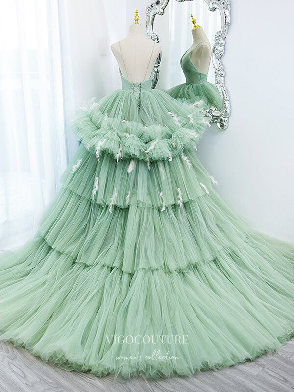vigocouture-Light Green Tiered Quinceanera Dresses Spaghetti Strap Sweet 16 Dress 21500-Prom Dresses-vigocouture-