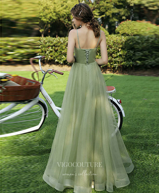 Chic A-line Spaghetti Straps Lace Long Prom Dresses Green Evening Gowns  CBD221
