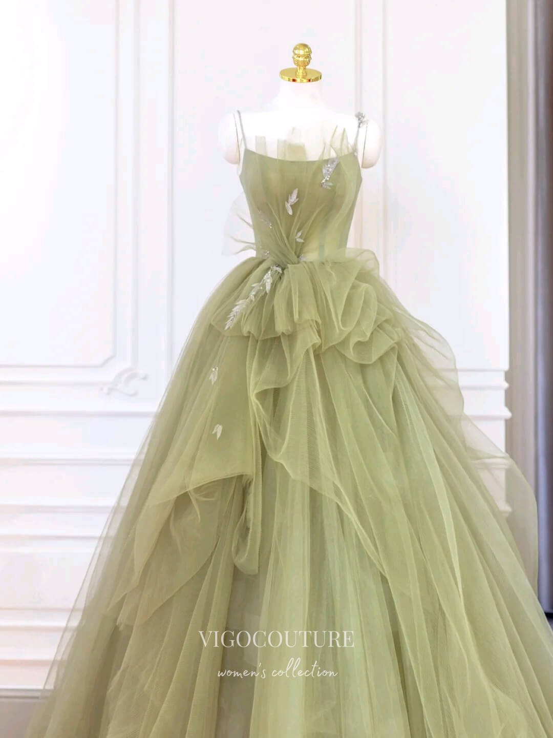 vigocouture-Light Green Tulle Prom Dresses Spaghetti Strap Formal Dresses 21182-Prom Dresses-vigocouture-Light Green-Custom Size-