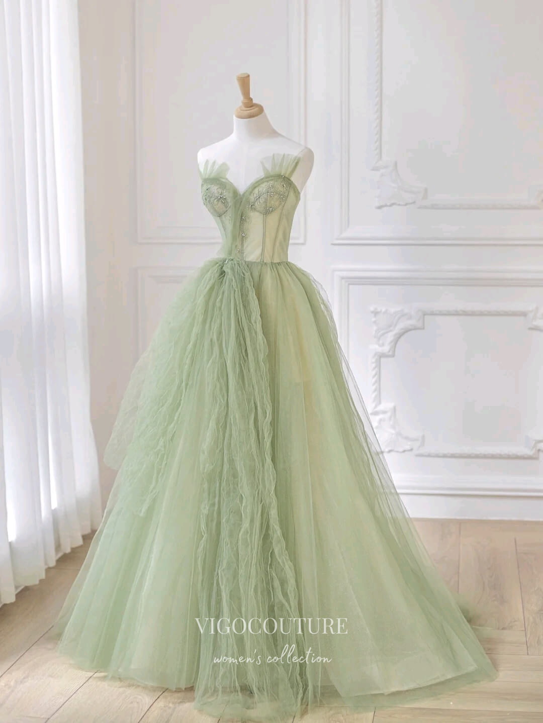 Light Green Tulle Prom Dresses Beaded Lace Evening Gowns FD3570 – Viniodress