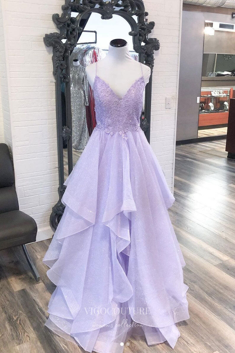 vigocouture-Lilac Lace Applique Prom Dresses Tiered Spaghetti Strap Evening Dress 21709-Prom Dresses-vigocouture-Lilac-US2-