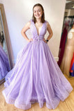 vigocouture-Lilac Plunging V-Neck Prom Dresses Feather A-Line Evening Dress 21713-Prom Dresses-vigocouture-Lilac-US2-