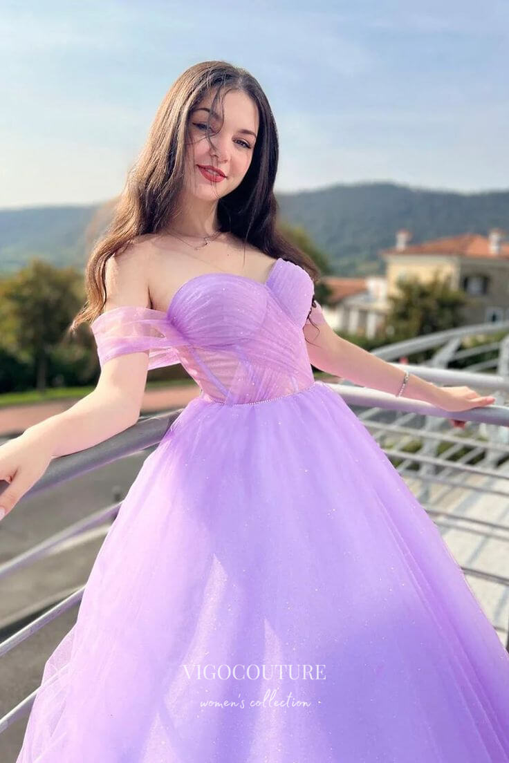 Lilac Sparkly Tulle Prom Dress with Off-the-Shoulder Design 22294-Prom Dresses-vigocouture-Lilac-Custom Size-vigocouture