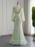 Long Puffed Sleeve Prom Dresses Mermaid Sequin Evening Dress 22160