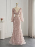 Long Puffed Sleeve Prom Dresses Mermaid Sequin Evening Dress 22160-Prom Dresses-vigocouture-Pink-US2-vigocouture