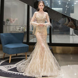 vigocouture-Long Sleeve Beaded Mermaid Prom Dress 20057-Prom Dresses-vigocouture-
