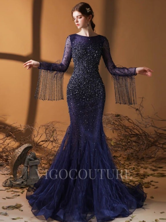 vigocouture-Long Sleeve Beaded Mermaid Prom Dress 20057-Prom Dresses-vigocouture-Blue-US2-