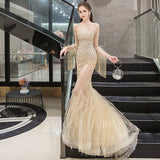 vigocouture-Long Sleeve Beaded Mermaid Prom Dress 20057-Prom Dresses-vigocouture-Champagne-US2-
