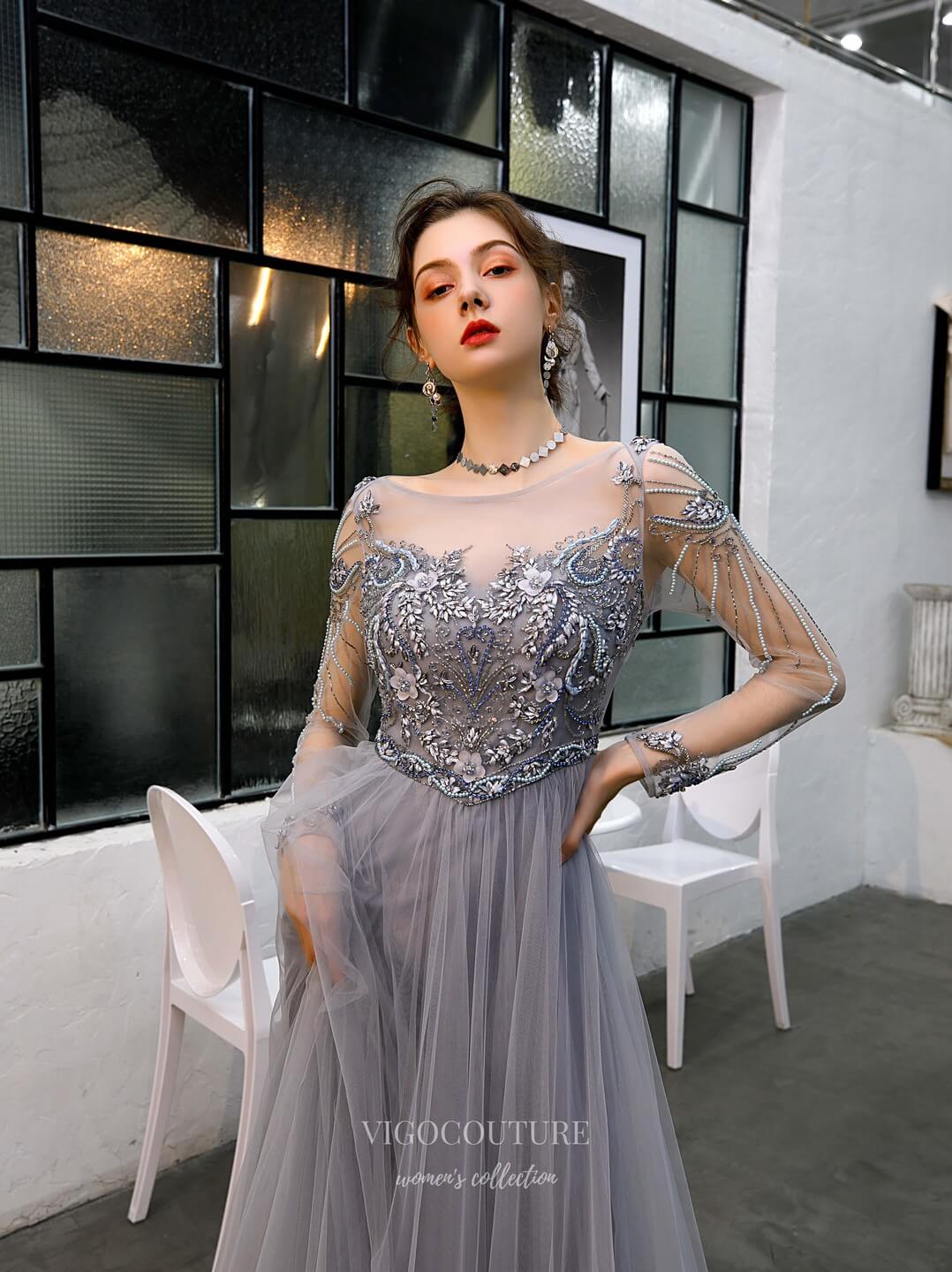 vigocouture-Long Sleeve Beaded Prom Dress 20214-Prom Dresses-vigocouture-