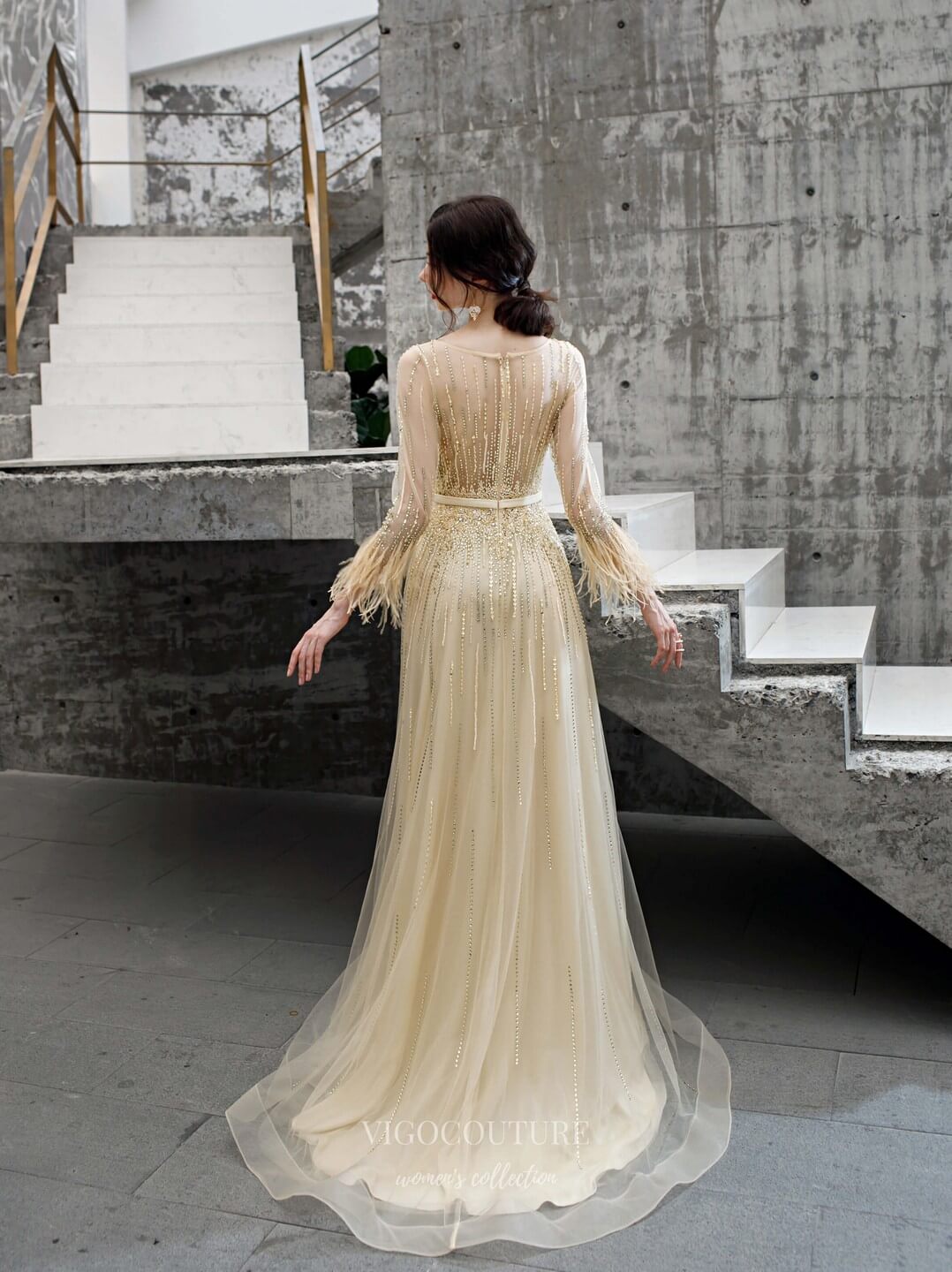 vigocouture-Long Sleeve Beaded Prom Dress 20218-Prom Dresses-vigocouture-