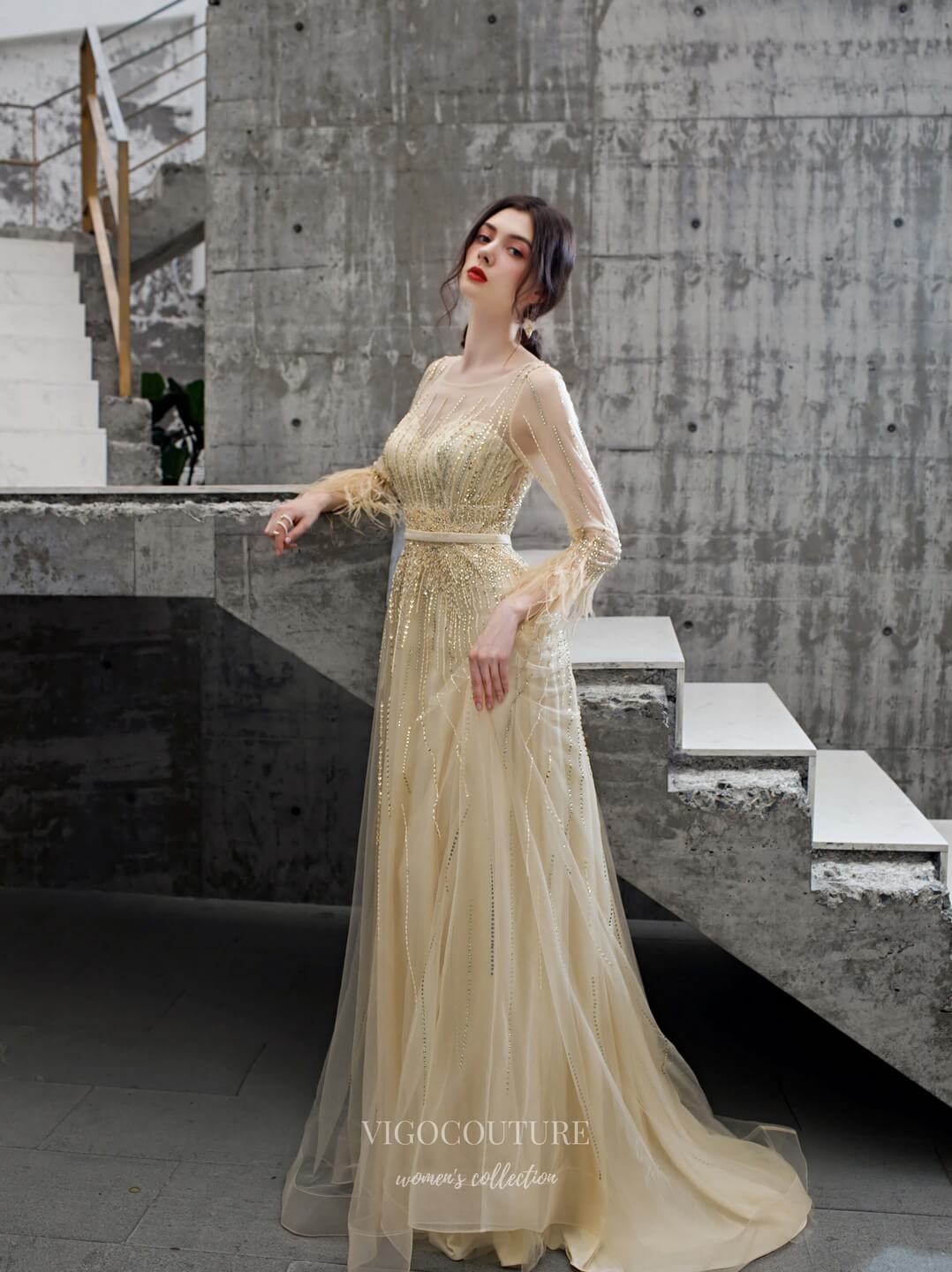 vigocouture-Long Sleeve Beaded Prom Dress 20218-Prom Dresses-vigocouture-Champagne-US2-