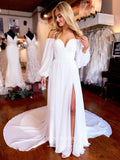 vigocouture-Long Sleeve Chiffon Wedding Dresses Sweetheart Neck Country Bridal Dresses W0033-Wedding Dresses-vigocouture-As Pictured-US2-