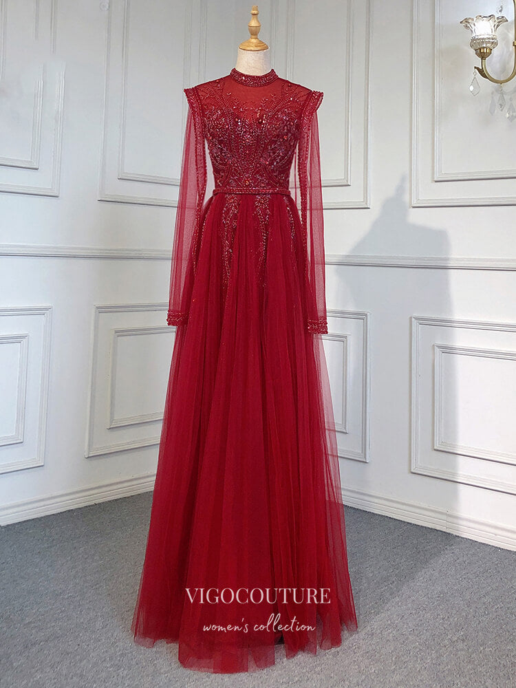 vigocouture-Long Sleeve Formal Dresses Beaded High Neck Evening Dresses 21526-Prom Dresses-vigocouture-Burgundy-US2-