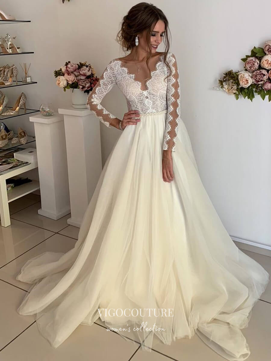 vigocouture-Long Sleeve Lace Applique Wedding Dresses A-Line Bridal Dresses W0043-Wedding Dresses-vigocouture-As Pictured-US2-