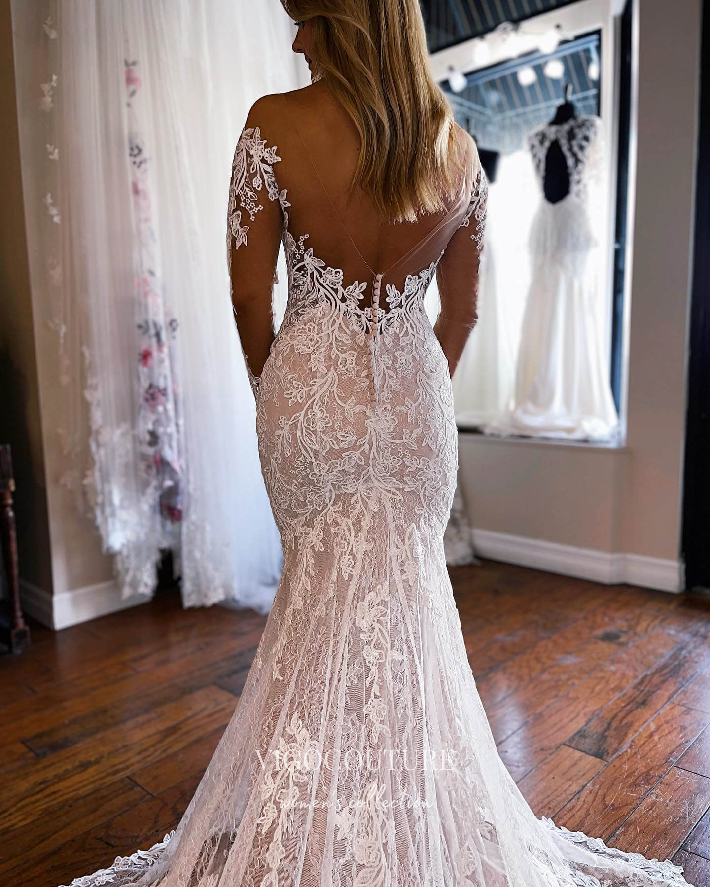 vigocouture-Long Sleeve Lace Applique Wedding Dresses Chapel Train Bridal Dresses W0055-Wedding Dresses-vigocouture-