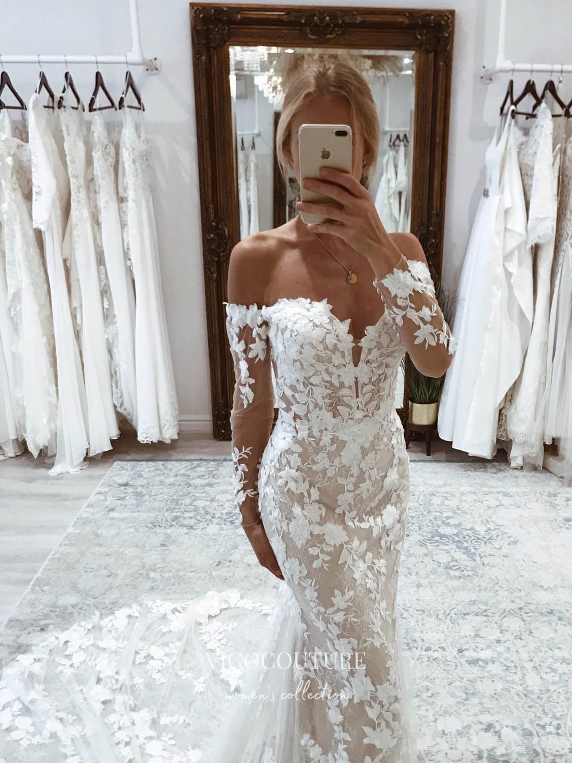 Long Sleeve Lace Applique Wedding Dresses Chapel Train Bridal Dresses –  vigocouture
