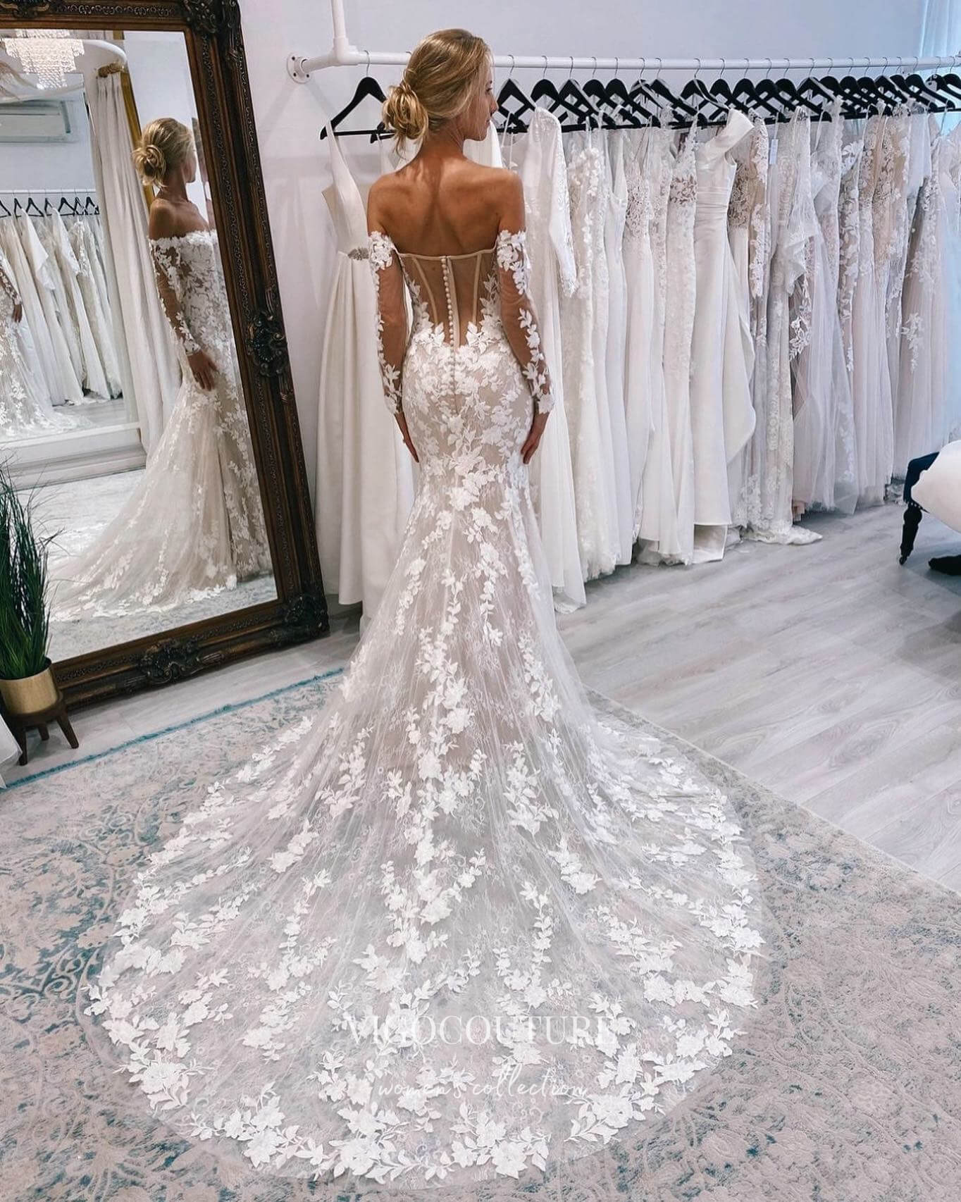 Long Sleeve Lace Applique Wedding Dresses Chapel Train Bridal Dresses –  vigocouture