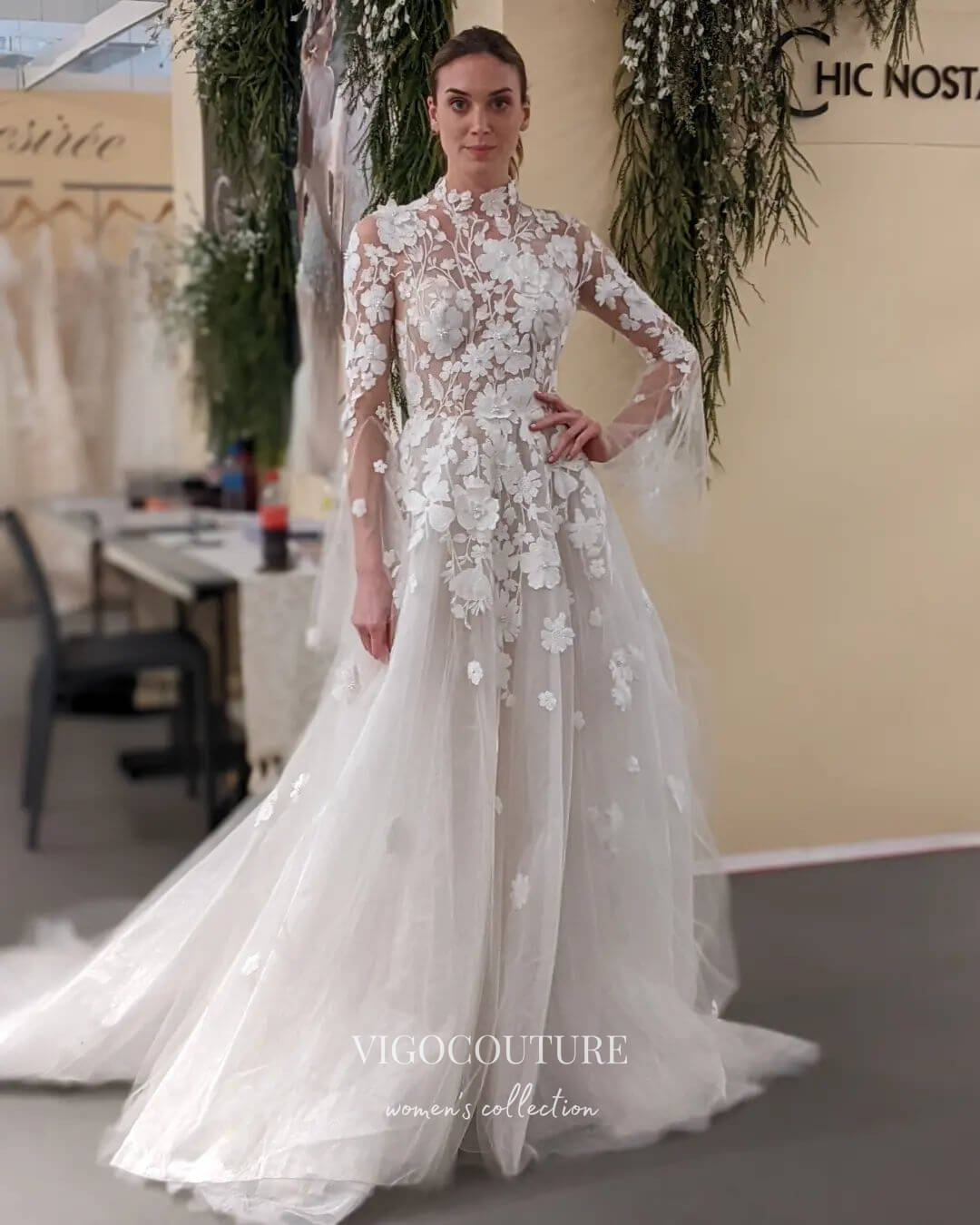 Long Sleeve Lace Applique Wedding Dresses High Neck Bridal Dresses W00 –  vigocouture