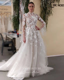 Long Sleeve Lace Applique Wedding Dresses High Neck Bridal Dresses W0061