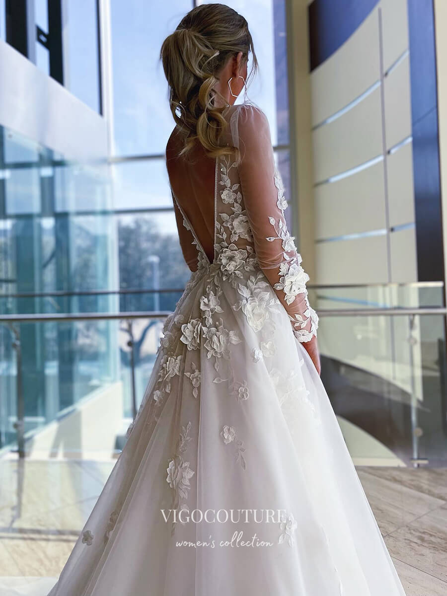 vigocouture-Long Sleeve Lace Applique Wedding Dresses Plunging V-Neck Bridal Dresses W0054-Wedding Dresses-vigocouture-