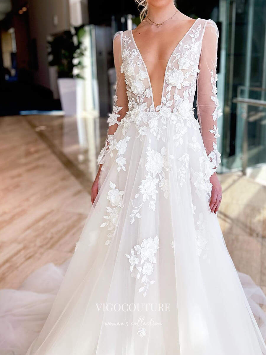 vigocouture-Long Sleeve Lace Applique Wedding Dresses Plunging V-Neck Bridal Dresses W0054-Wedding Dresses-vigocouture-