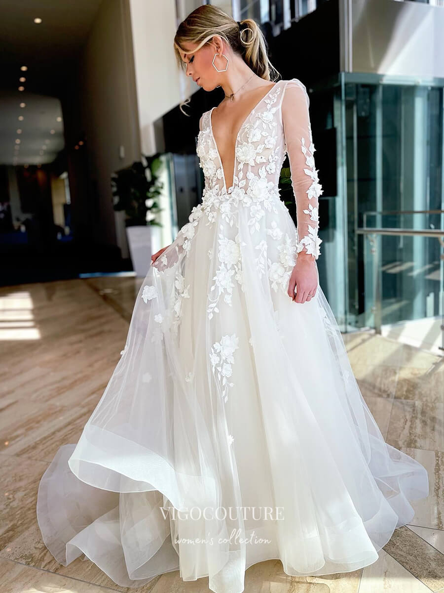 vigocouture-Long Sleeve Lace Applique Wedding Dresses Plunging V-Neck Bridal Dresses W0054-Wedding Dresses-vigocouture-As Pictured-US2-