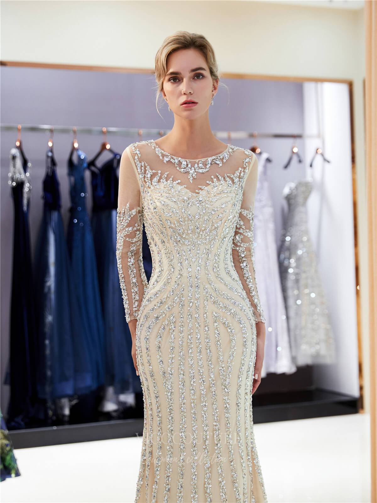 vigocouture-Long Sleeve Mermaid Beaded Prom Dress 20273-Prom Dresses-vigocouture-