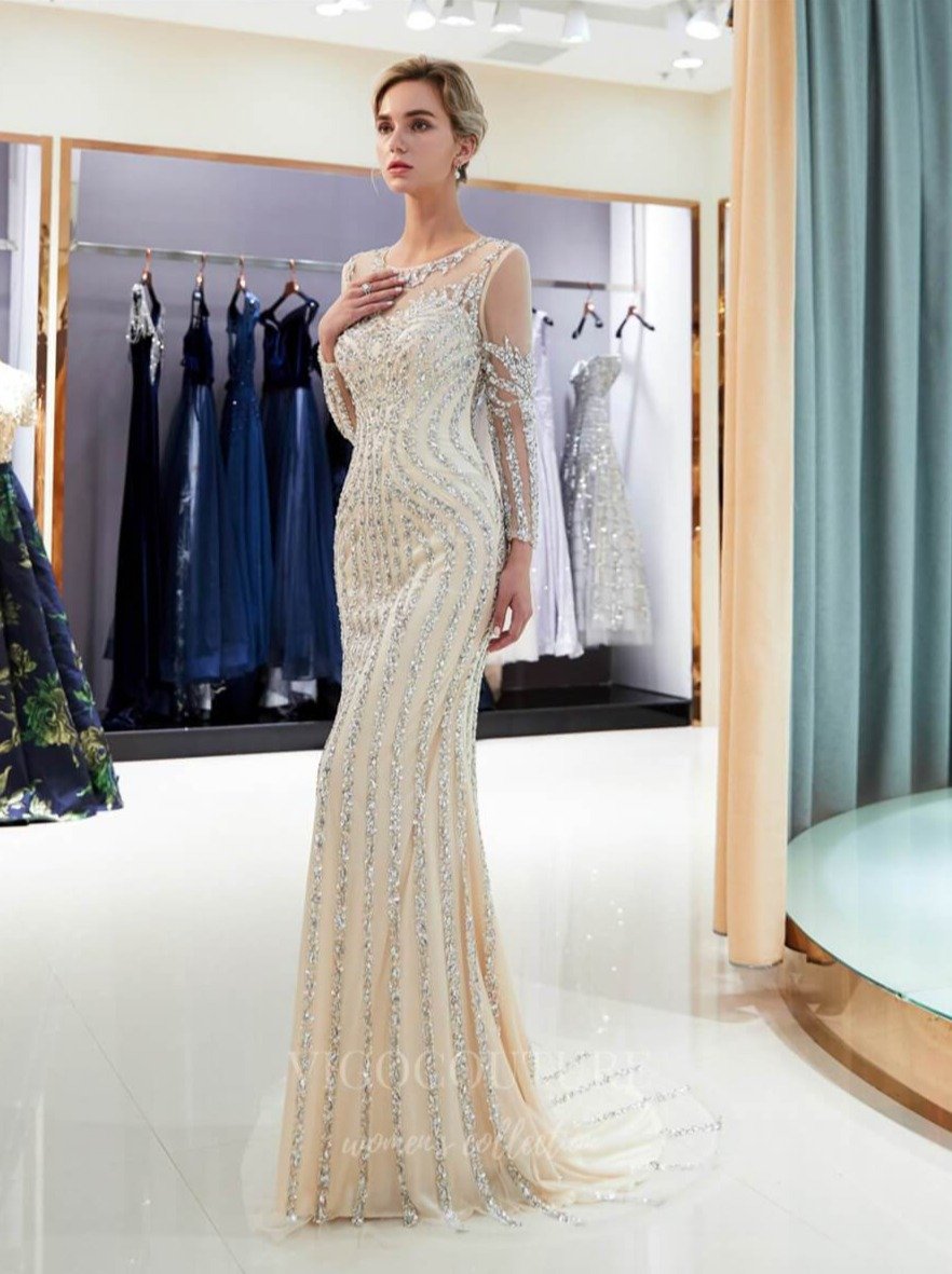 vigocouture-Long Sleeve Mermaid Beaded Prom Dress 20273-Prom Dresses-vigocouture-Champagne-US2-