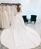 vigocouture-Long Sleeve Satin Wedding Dresses Cathedral Train Bridal Dresses W0078-Wedding Dresses-vigocouture-