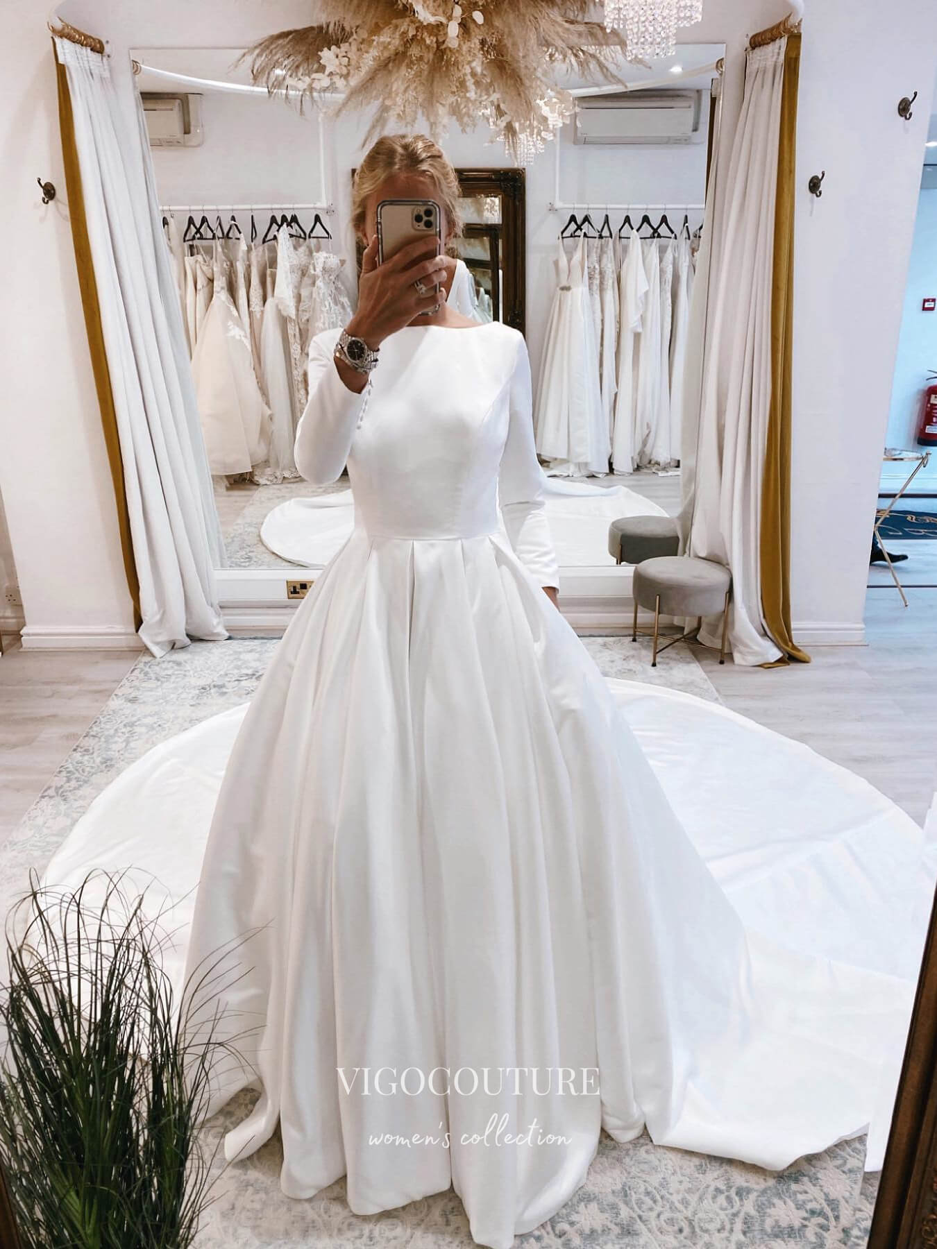 A-Line Bateau Backless Sweep Train White Satin Wedding Dress with Sash –  SposaBridal
