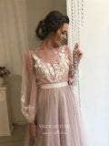 vigocouture-Long Sleeve Tulle Wedding Dresses Lace Applique Bridal Dresses W0039-Wedding Dresses-vigocouture-
