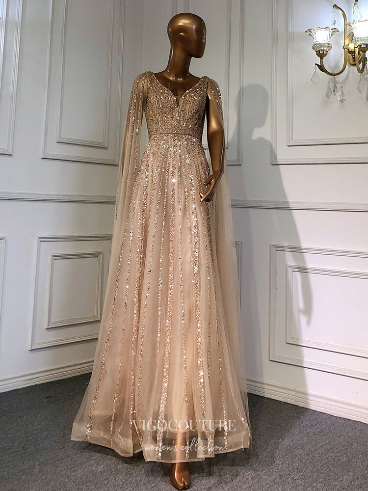 Luxury Beaded Cape Sleeve Prom Dresses V-Neck Pageant Dresses 22082-Prom Dresses-vigocouture-Champagne-US2-vigocouture