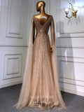 Luxury Beaded Cape Sleeve Prom Dresses V-Neck Pageant Dresses 22082-Prom Dresses-vigocouture-Champagne-US2-vigocouture
