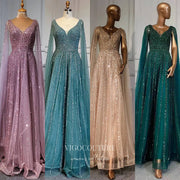 Luxury Beaded Cape Sleeve Prom Dresses V-Neck Pageant Dresses 22082