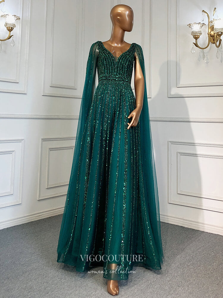 Luxury Beaded Cape Sleeve Prom Dresses V-Neck Pageant Dresses 22082-Prom Dresses-vigocouture-Emerald-US2-vigocouture