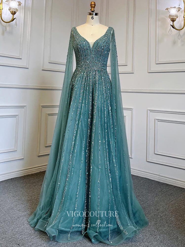 Luxury Beaded Cape Sleeve Prom Dresses V-Neck Pageant Dresses 22082-Prom Dresses-vigocouture-Light Green-US2-vigocouture