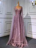 Luxury Beaded Cape Sleeve Prom Dresses V-Neck Pageant Dresses 22082-Prom Dresses-vigocouture-Pink-US2-vigocouture